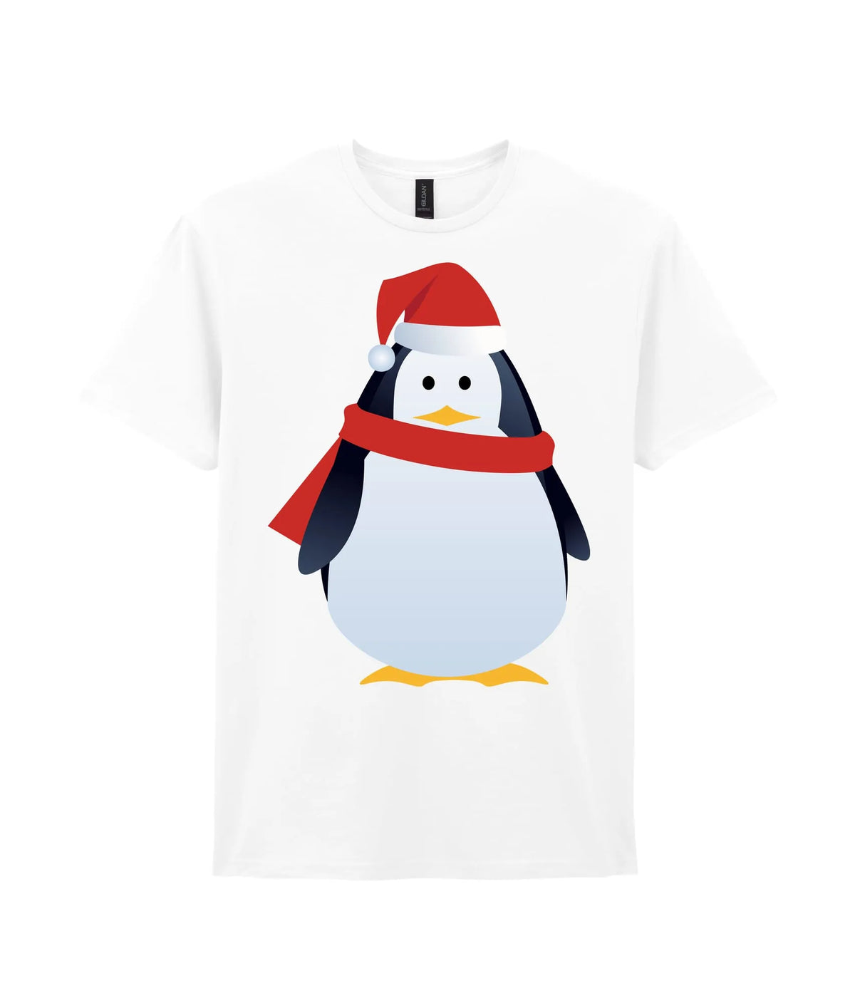 Christmas Penguin T-Shirt — white t-shirt, size Medium, front, on a white background