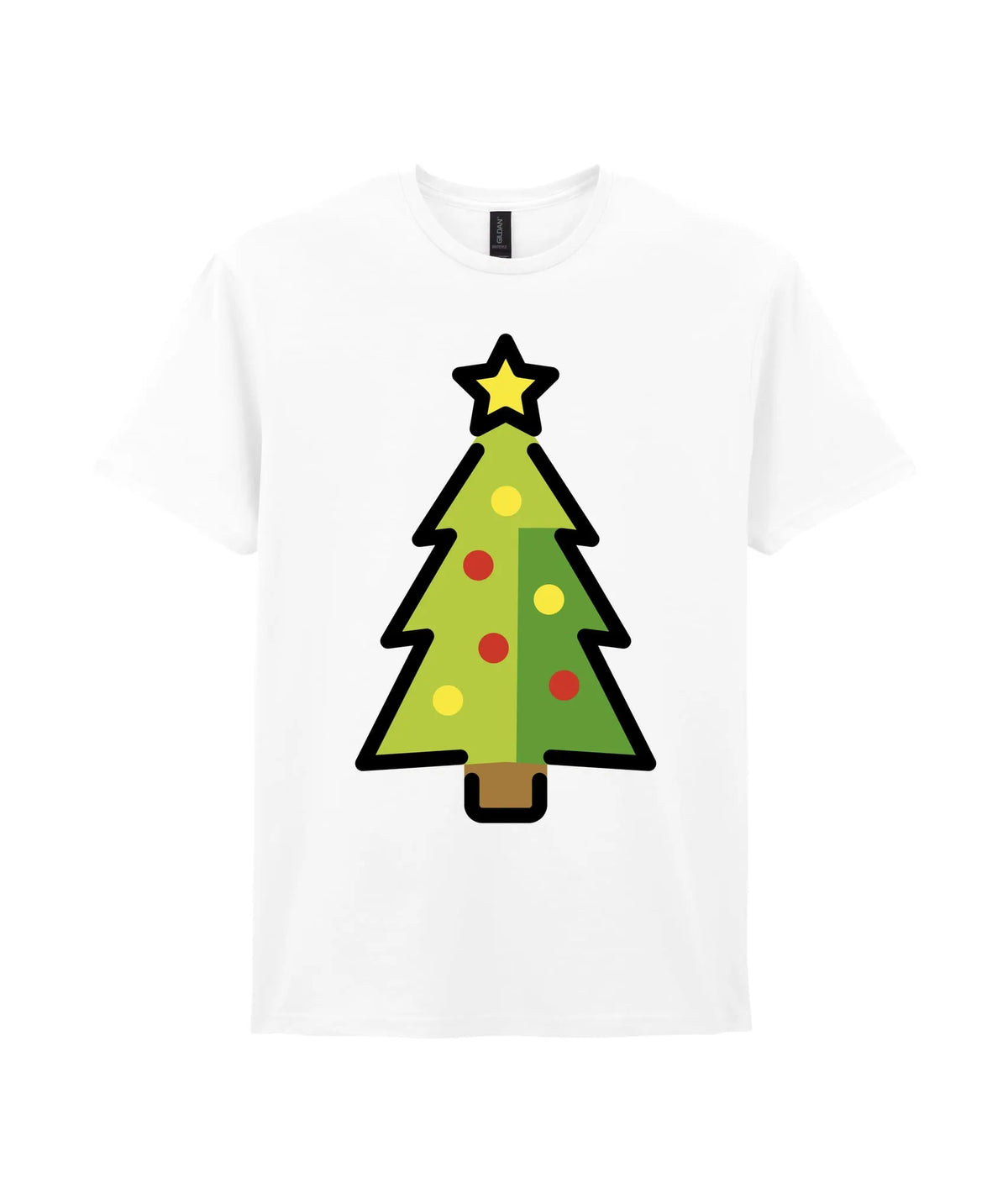 Christmas Tree Emoji T-Shirt — white t-shirt, size Large, front, on a white background
