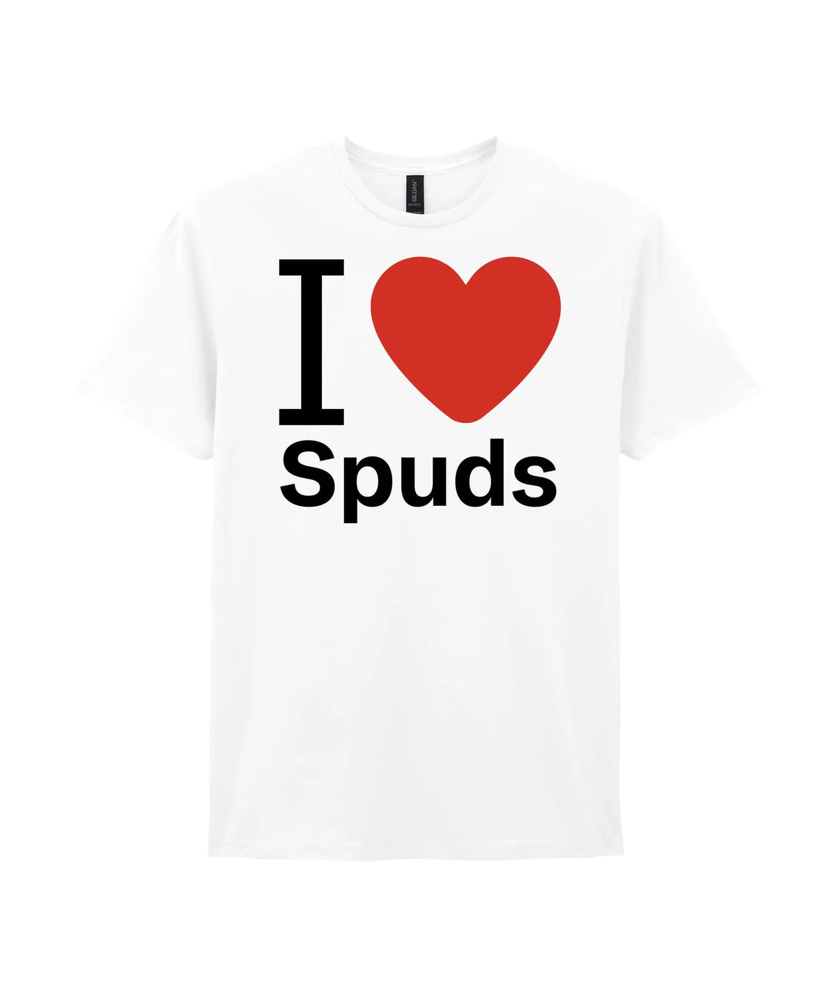 I Love Spuds T-Shirt — white t-shirt, size Large, front, on a white background